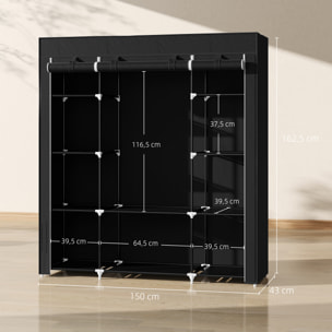 HOMCOM Armario de Tela, Armario Ropero con Barra para Colgar, 10 Estantes Abiertos, Cremallera, Cubierta y Marco Acero, Fácil Montaje para Dormitorio, Espacio Pequeño, Vestidor, 150x43x162,5 cm, Negro