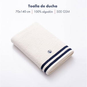 Set de 2 toallas de ducha 1x azul marino + 1x blanco crudo 70x140cm 100% algodón 500gsm el ganso