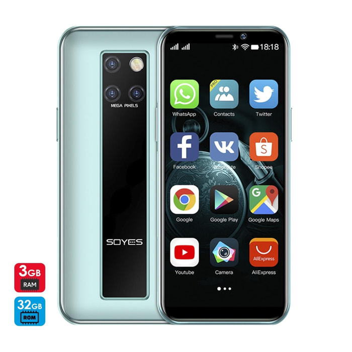 DAM Mini Smartphone S10-H 4G, Android 9.0, 3GB RAM + 32GB. Schermo 3,46''. Doppia SIM 4,5x1x10,2 cm. Colore verde