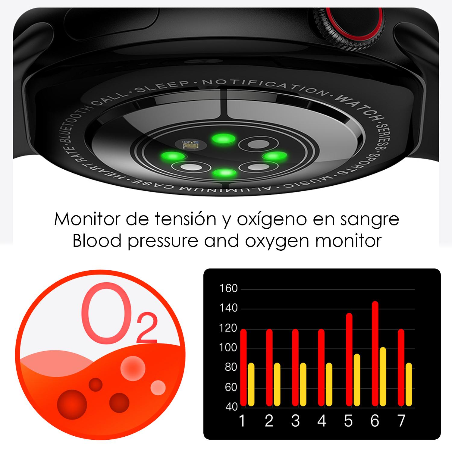 Smartwatch Watch8Pro con modo multideportivo, termómetro, O2 en sangre, tensión, ECG.