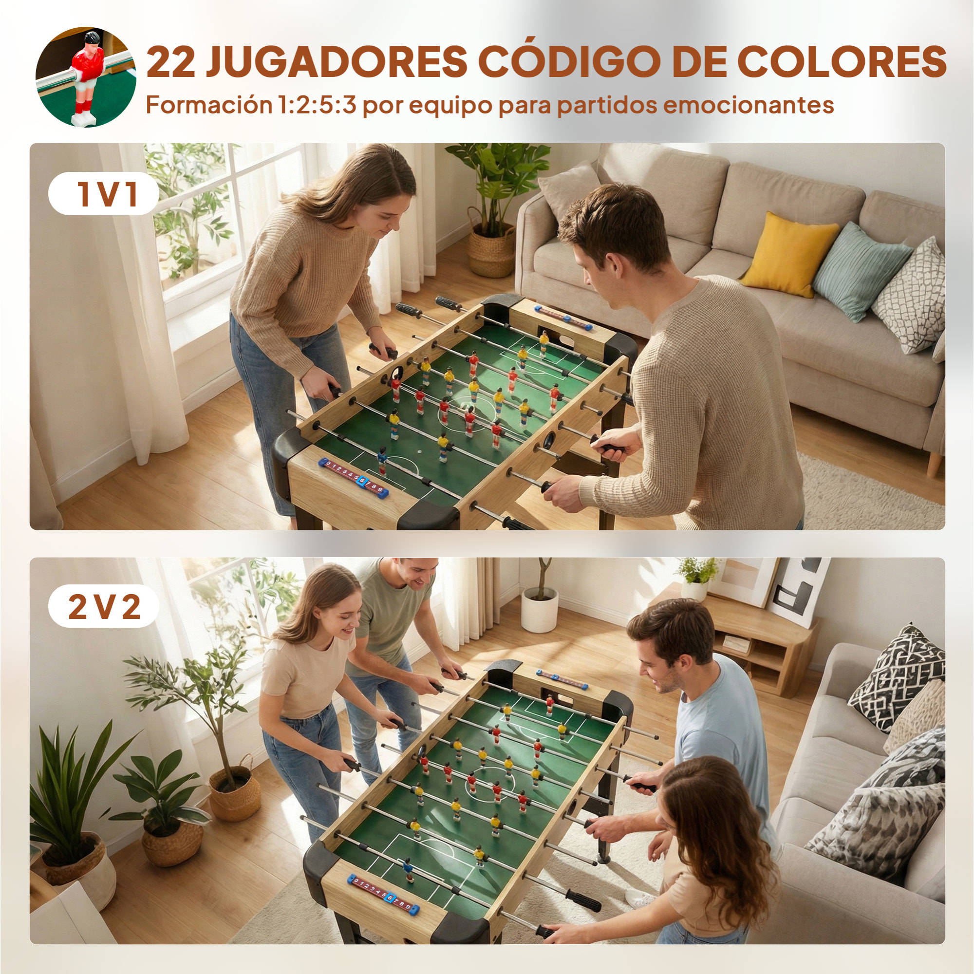 Futbolín para Niños de Madera, Mesa de Futbolín con 2 Marcadores, 8 Asas, 22 Jugadores, 8 Barras y 2 Bolas, Regalo para Adultos, Familias, Fiestas, 92x75x71 cm, Natural