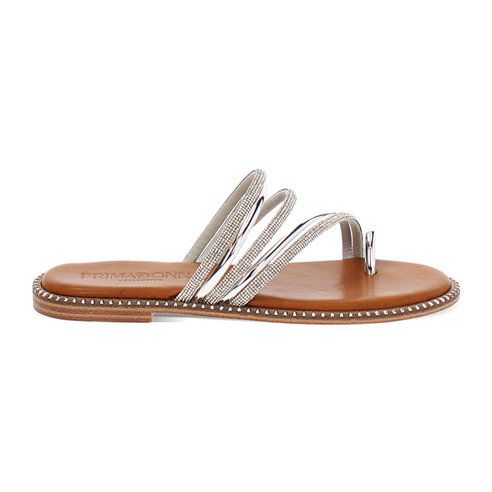 Sandalias bajos mujer plata espejo con piedras