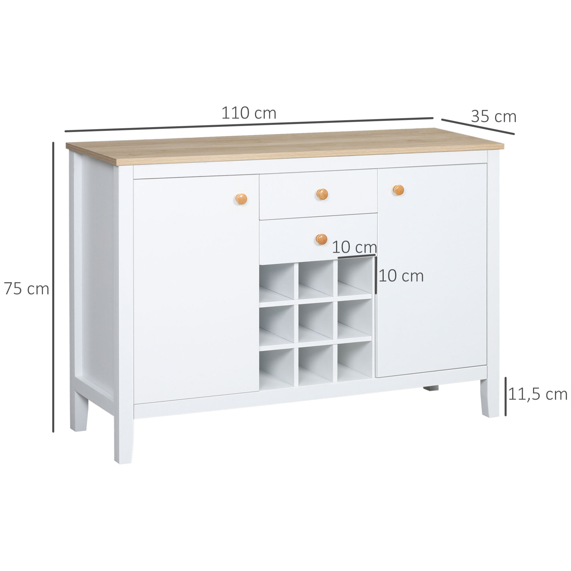 Aparador de Cocina Moderno con 2 Cajones 2 Puertas Estantes Ajustables y Botellero para 9 Botellas Mueble Auxiliar de Almacenaje para Comedor Salón 110x35x75 cm Blanco