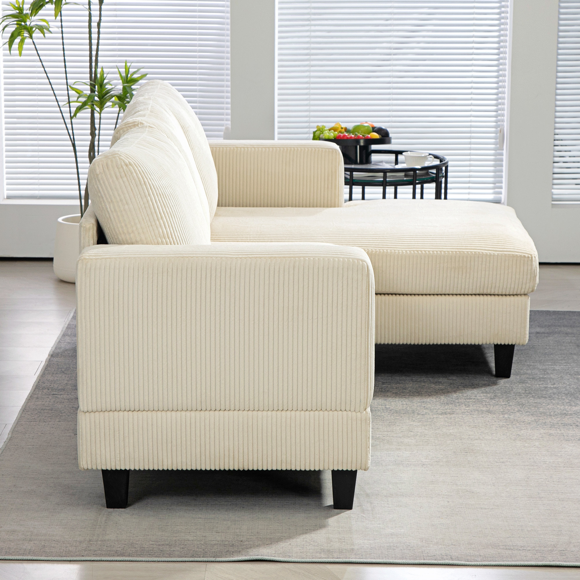 Canapé d'angle 3 places en velours côtelé dim. 214 x 134 cm beige