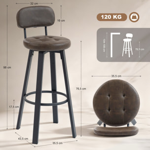Juego de 2 Taburetes de Bar, Taburetes Altos de Cocina Giratorios, Tapizados de PU, con Respaldo, Marco de Metal, Reposapiés, Asiento de 76,5 cm de Altura, Marrón Oscuro