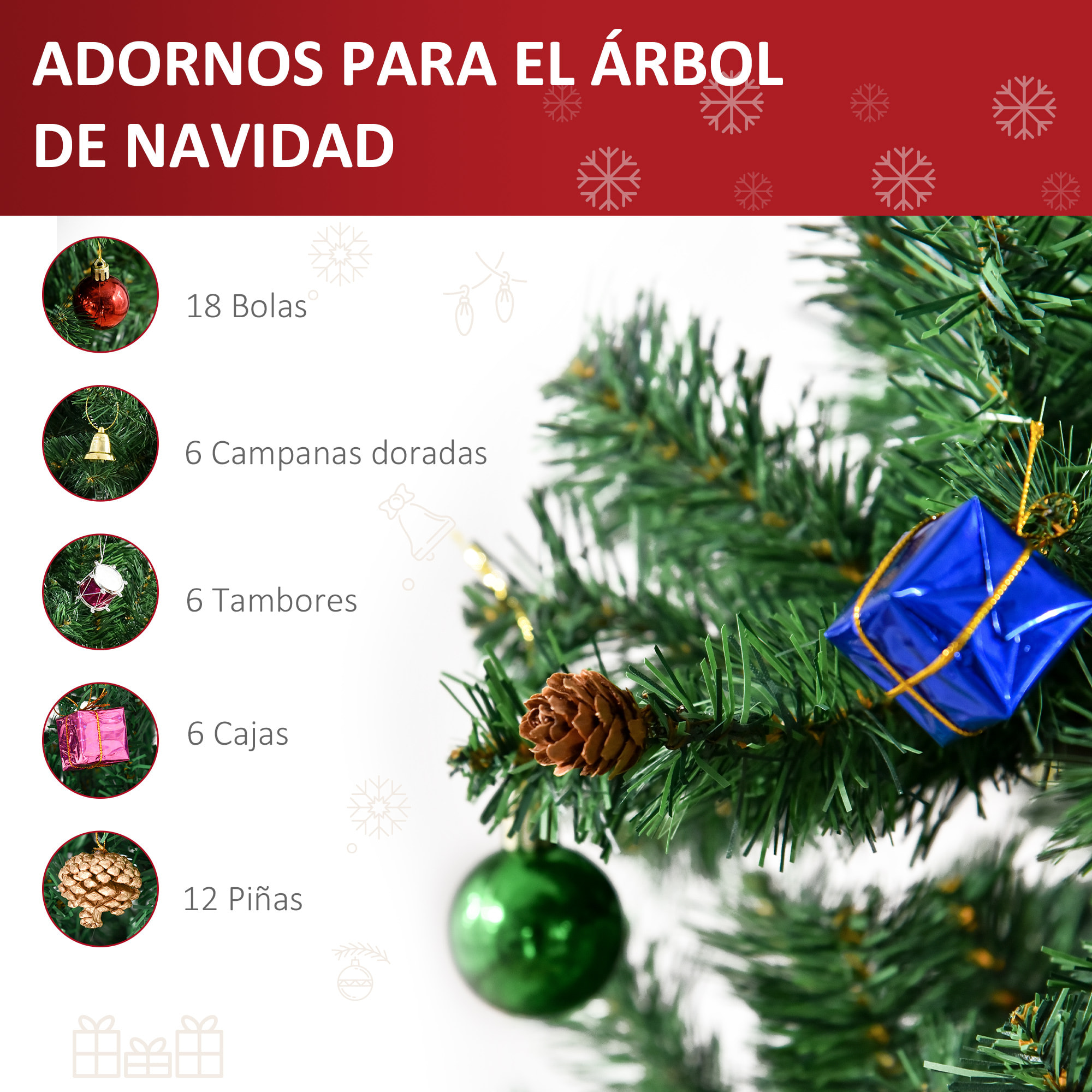 árbol de Navidad 180cm Artificial Pino con Adornos Decorativos 48 Pcs y Soporte Metálico Color Verde árbol Realista para Decoración Navidad