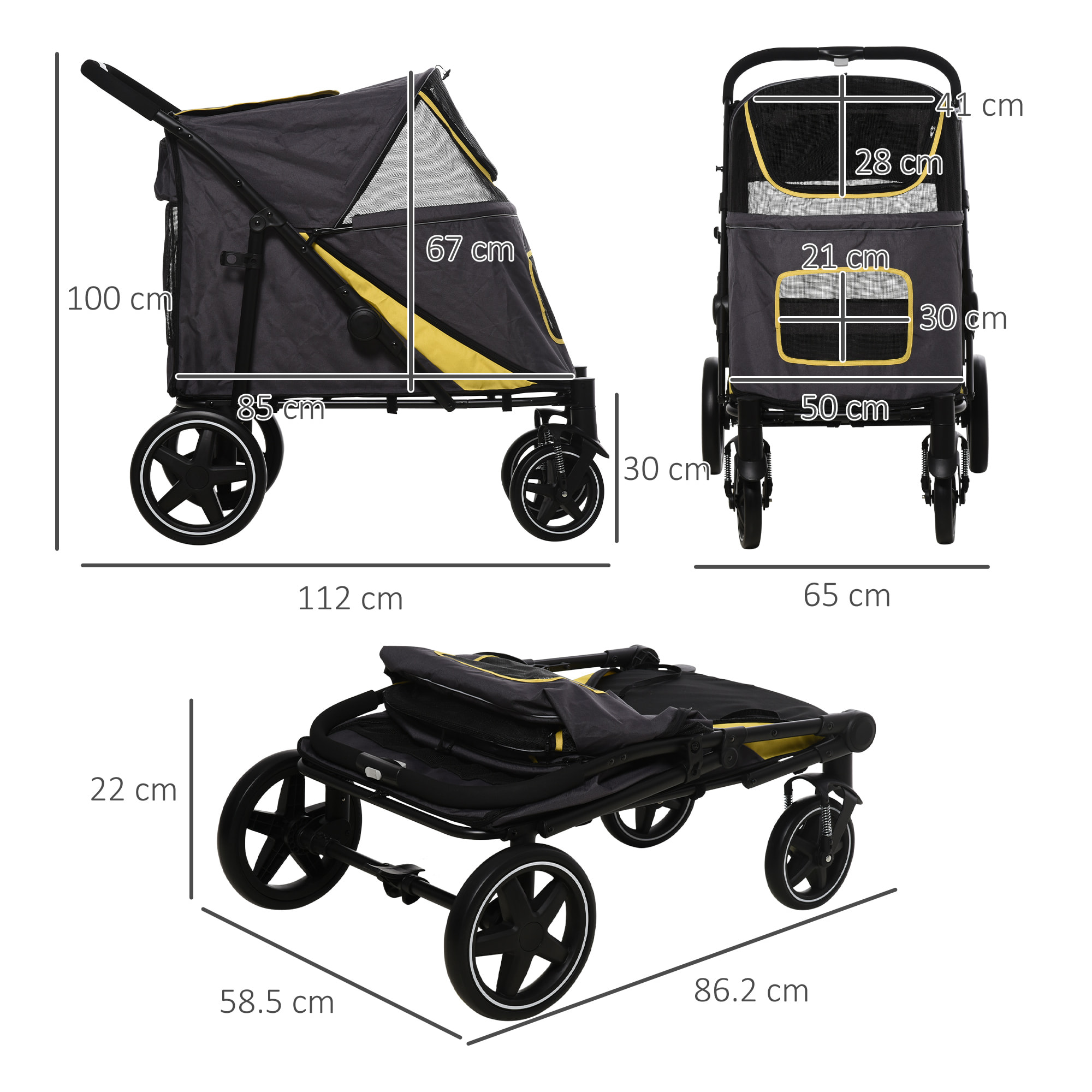 PawHut Passeggino Pieghevole per Cani di Taglia Media in Acciaio e Tessuto Oxford con Ingressi a Cerniera e Finestre a Rete, 112x65x100 cm