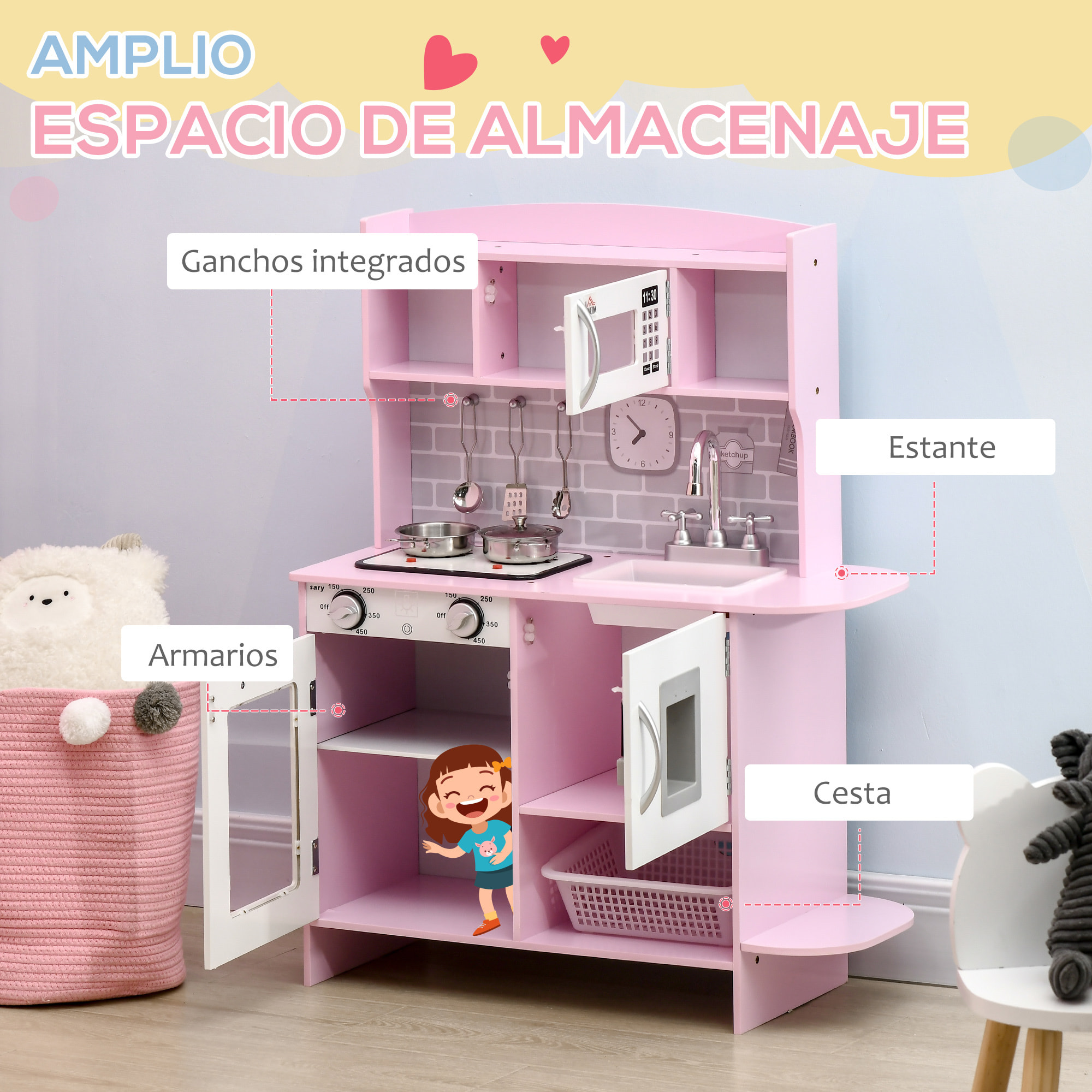 Cocina de Juguete 6 Piezas para Niños de +3 Años con Luz Sonidos 70x29x90cm Rosa
