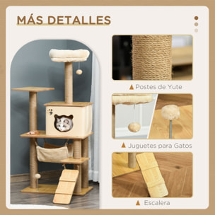 árbol Rascador para Gatos Torre de Escalada con Plataformas Hamaca Escalera Cueva Postes para Rascar de Yute Bola Colgante Juego y Descanso 60x40x130 cm Beige