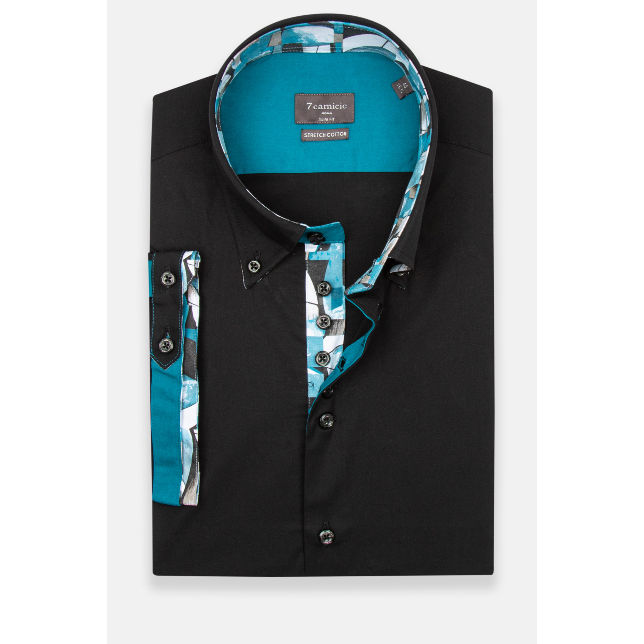 Camicia Uomo Manica Corta 2 Bottoni Button Down 7 Botto Popeline Stretch Unito Nero