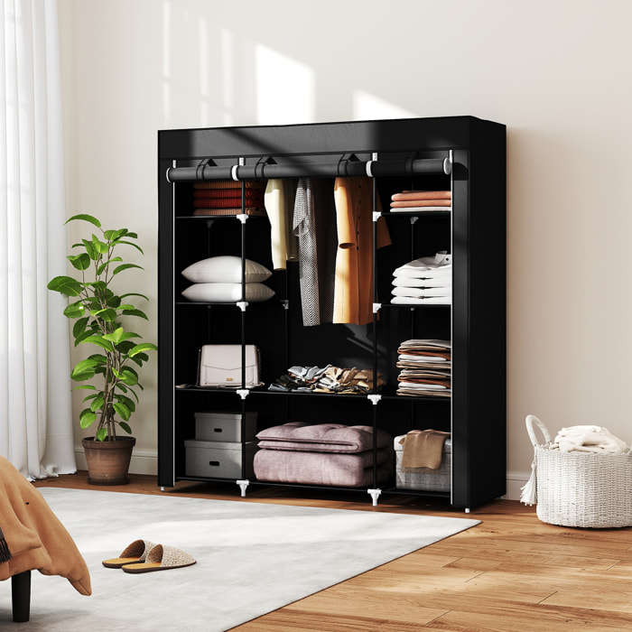 HOMCOM Armario de Tela, Armario Ropero con Barra para Colgar, 10 Estantes Abiertos, Cremallera, Cubierta y Marco Acero, Fácil Montaje para Dormitorio, Espacio Pequeño, Vestidor, 150x43x162,5 cm, Negro