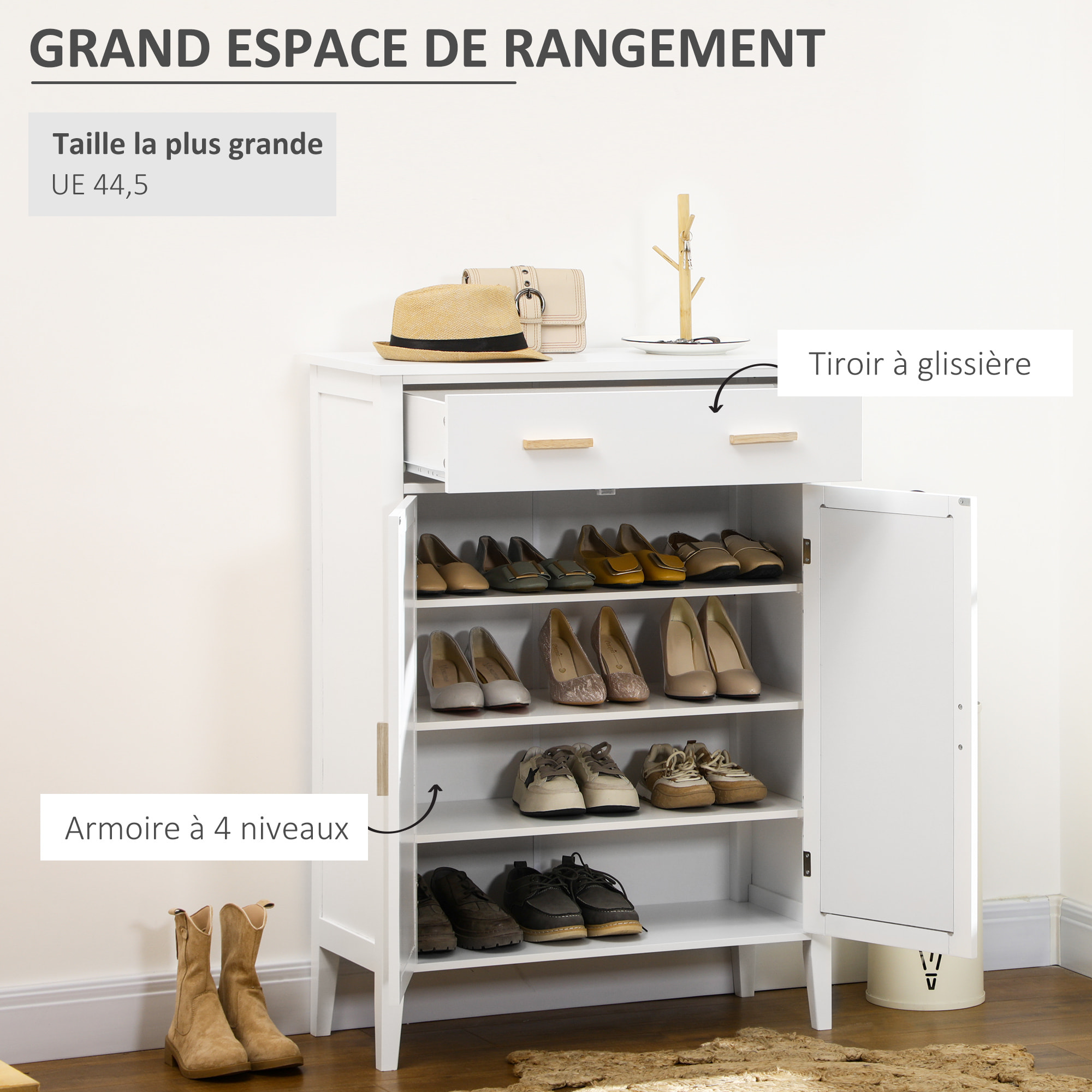 Meuble à chaussures style bohème chic - 2 portes, 3 étagères, tiroir - MDF blanc cannage rotin