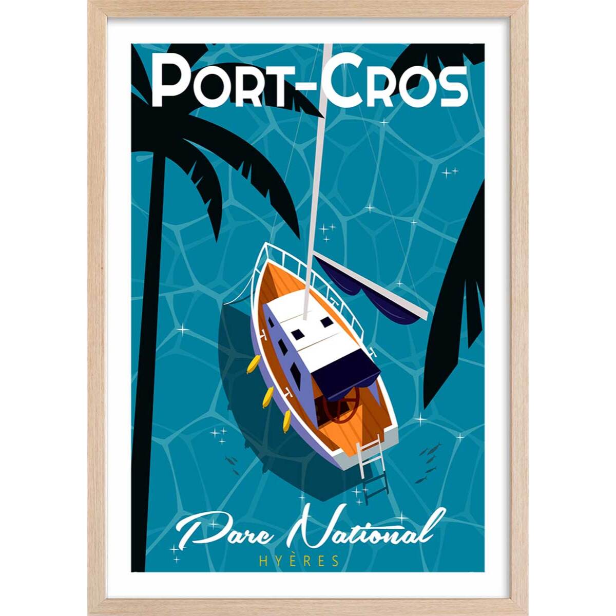 Poster de port cros Affiche + cadre en bois - Chêne