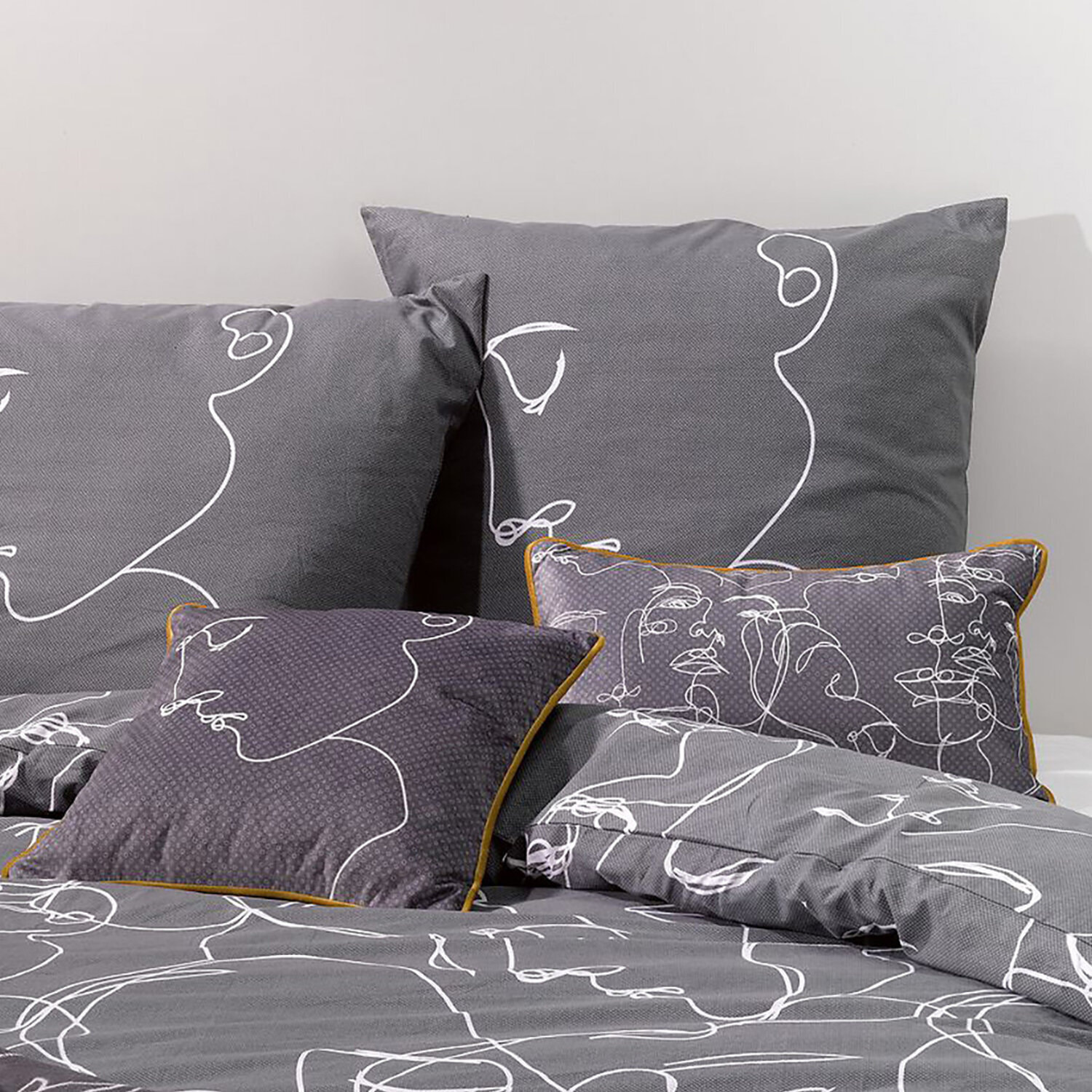 Parure de couette + taies oreiller 100% coton - motif visage abstrait gris