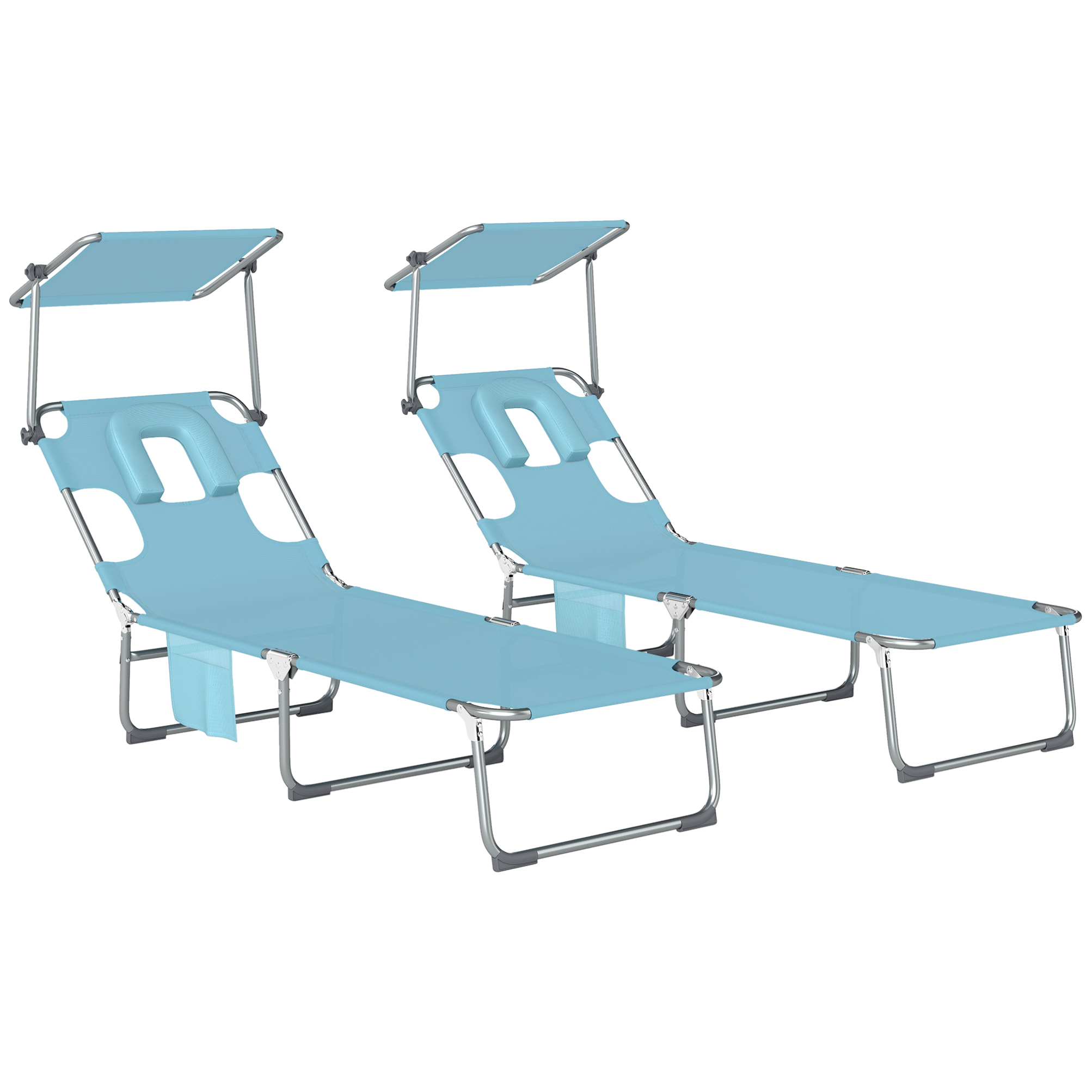 Set de 2 Tumbonas Jardín Exterior, Tumbonas Plegables con Reposacabezas, Dosel 360°, Orificio Facial, Bolsillo Lateral, Respaldo Reclinable 5 Posiciones y Textilene 550 g/m² para Playa, Azul