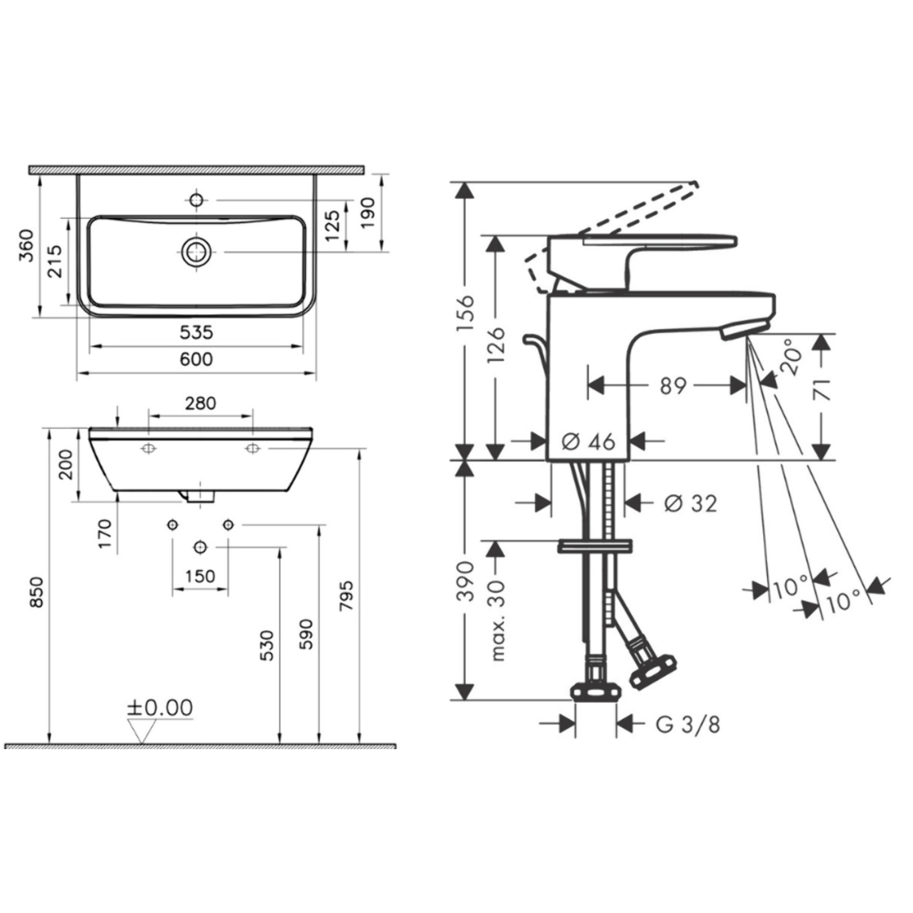 Integra Ensemble Lavabo suspendu 60x36 cm + Mitigeur lavabo avec tirette et vidage synthétique, Blanc (7088-VernisBlend1)