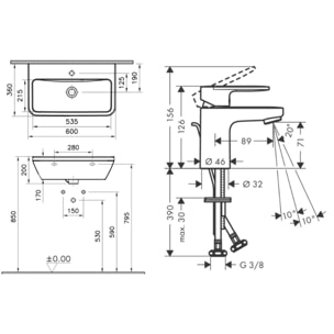 Integra Ensemble Lavabo suspendu 60x36 cm + Mitigeur lavabo avec tirette et vidage synthétique, Blanc (7088-VernisBlend1)