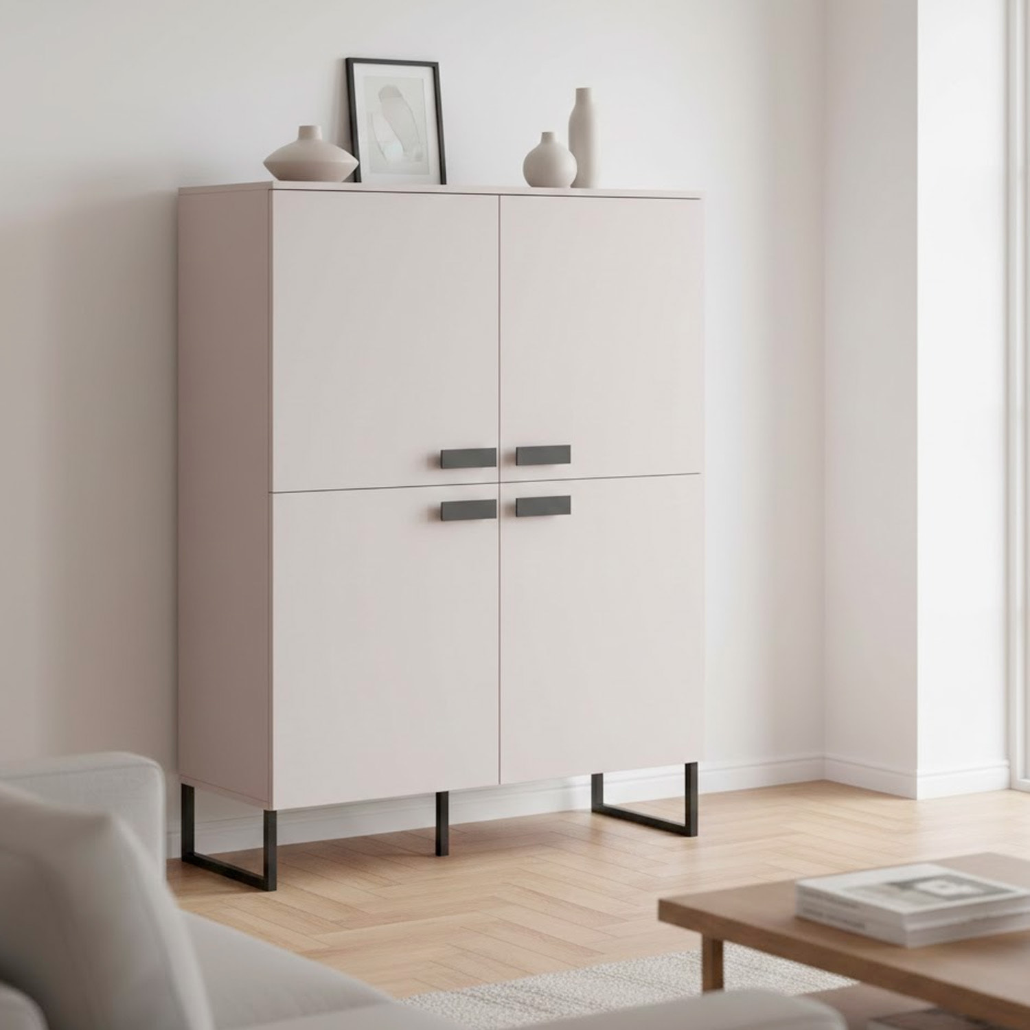 Madia Alta 4 Ante Mobile Soggiorno Moderno Con 4 Ripiani Interni E Piedini Neri Design Elegante Per Sala Da Pranzo Salotto 108 x 144 x 40 Cm Cashmere