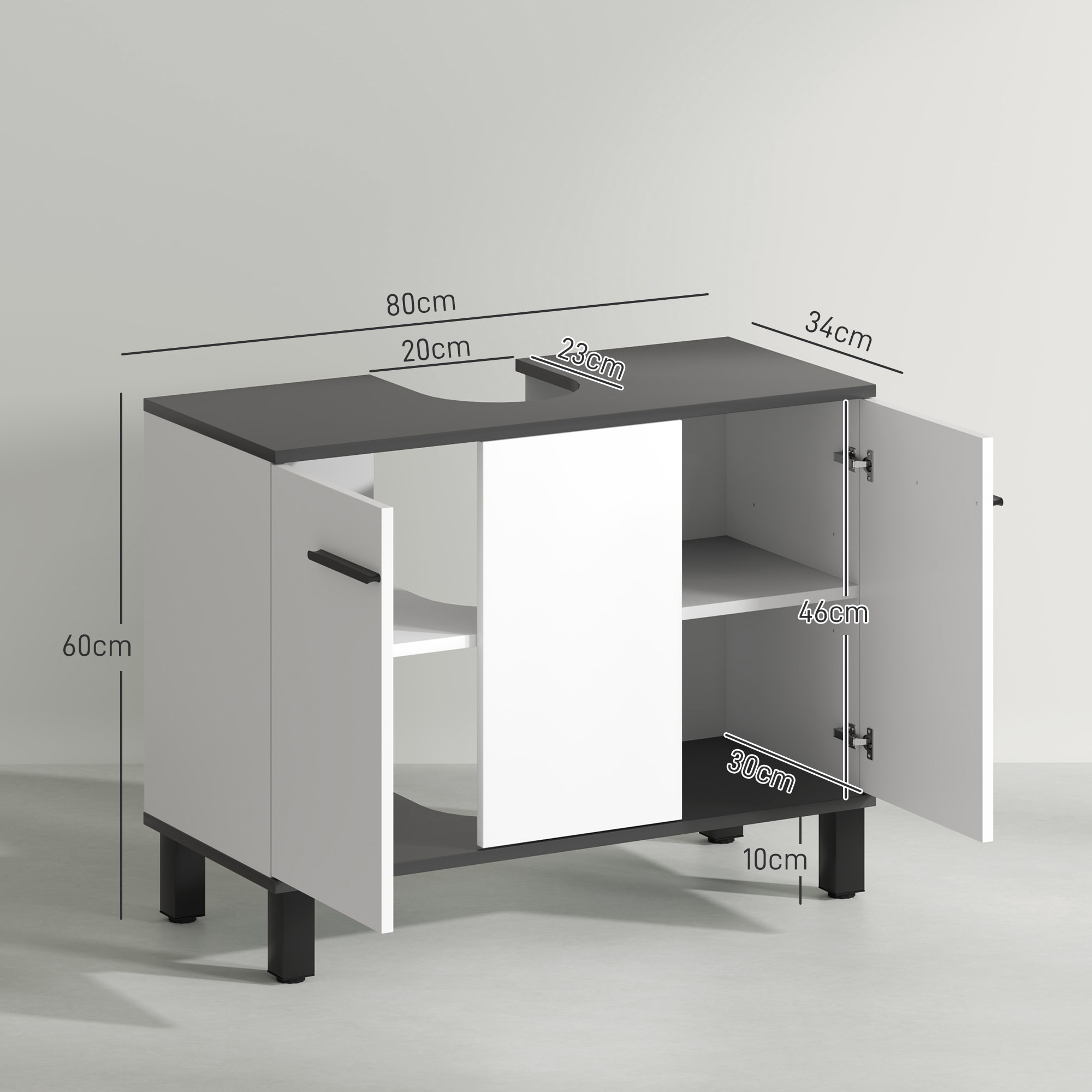 Mueble bajo Lavabo Mueble de Lavabo con Pie Mueble de Baño con 2 Puertas y Estantes Ajustables para Lavabo con Pedestal o con Pies 80x34x60 cm Blanco Brillante