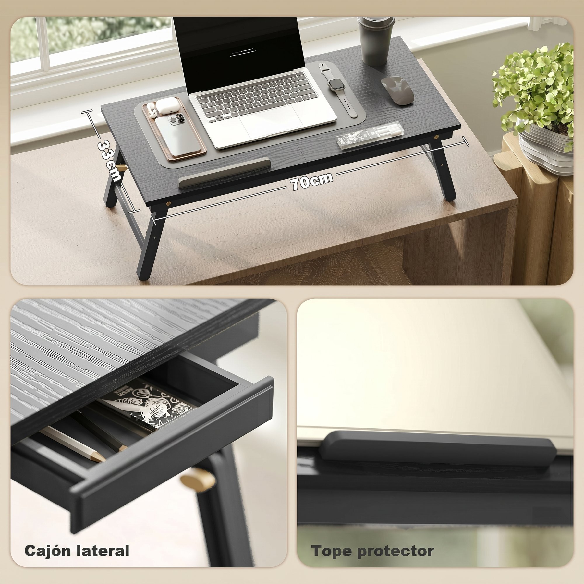 Mesa Reclinable para Cama y Sofá, Bandeja Plegable con Cajón Lateral, para Ordenador Portátil y Libros, con Cinco Alturas, Patas Ajustables, Mesita Auxiliar de Bambú y MDF, 83,5x33x34 cm, Negro