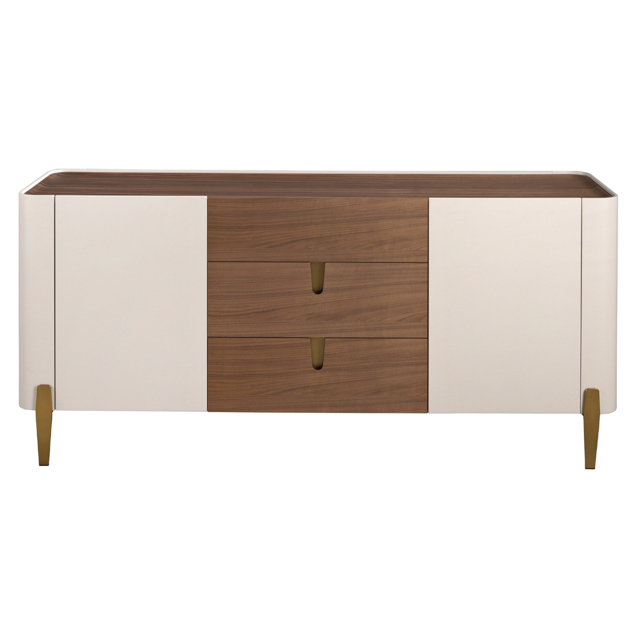 Aparador de madera chapada en nogal natural y madera MDF lacada en beige patas de acero inoxidable pulido en dorado 180x47x80cm