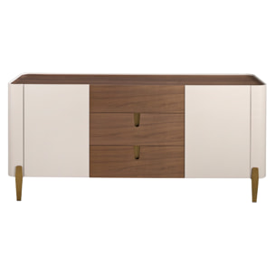 Aparador de madera chapada en nogal natural y madera MDF lacada en beige patas de acero inoxidable pulido en dorado 180x47x80cm
