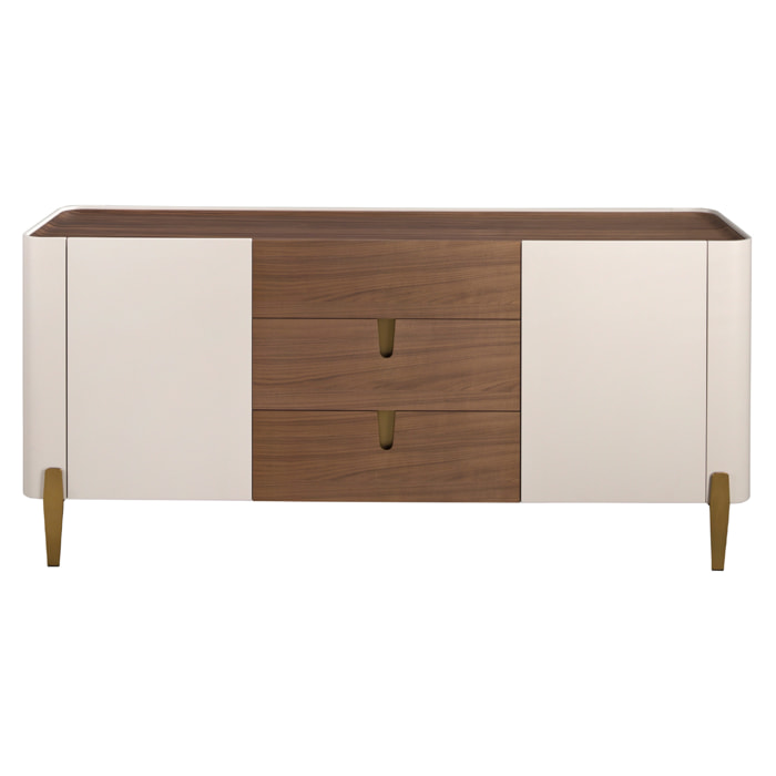 Aparador de madera chapada en nogal natural y madera MDF lacada en beige patas de acero inoxidable pulido en dorado 180x47x80cm