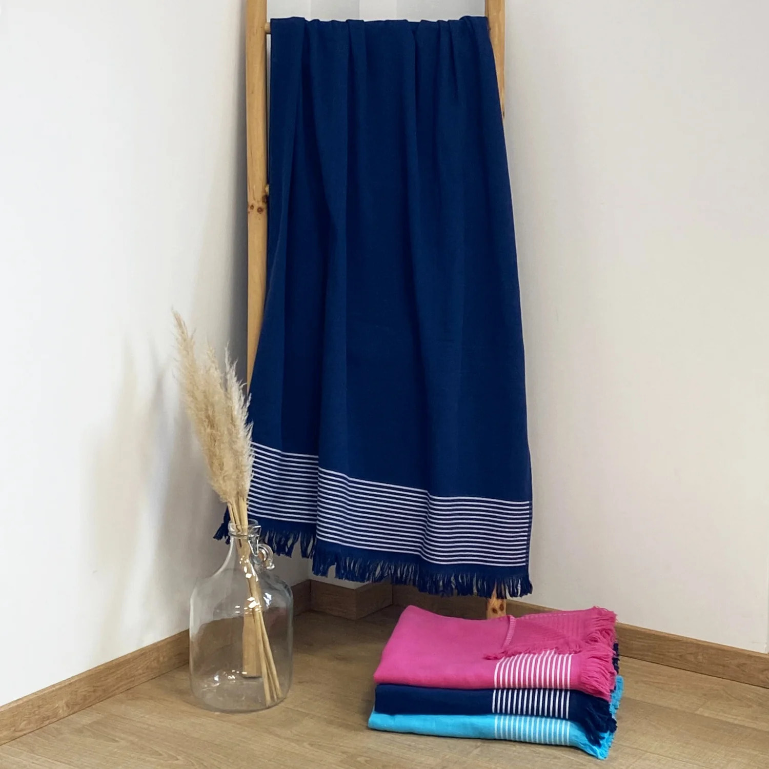 Fouta doublée éponge L - Paski Navy - 300g/m²