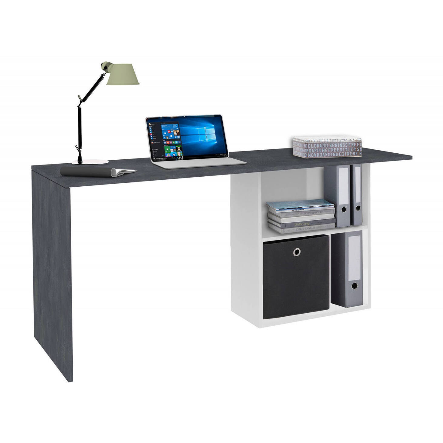 Scrivania Antioco, Scrittoio lineare porta PC, Tavolo multiuso per ufficio, Scrivania salvaspazio, 100% Made in Italy, cm 110x50h75, Bianco lucido e Ardesia