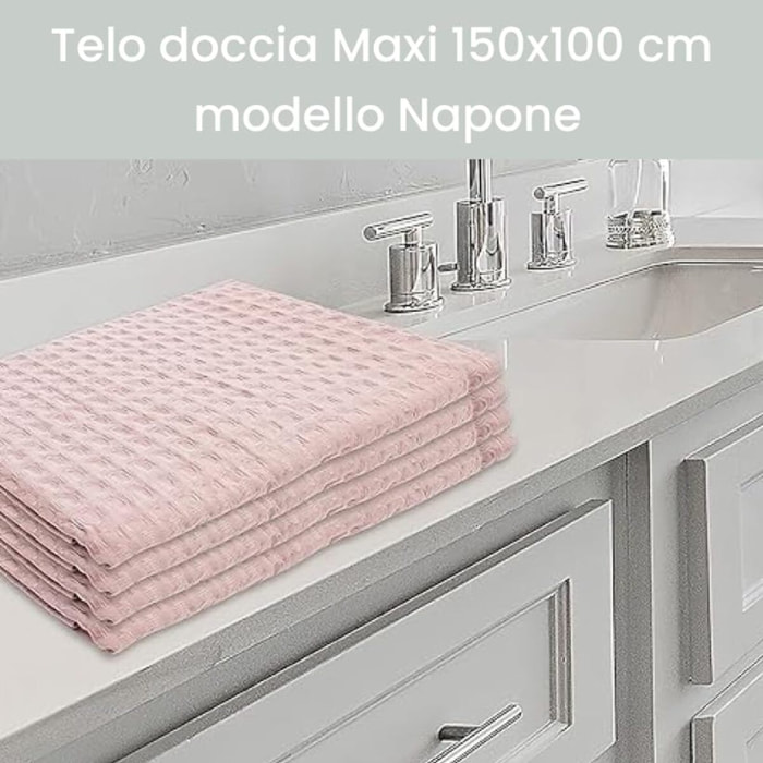 Telo doccia maxi in cotone spugna assorbente e morbido, asciugamano bagno grande e avvolgente, elevata capacità di assorbenza 300 gr/mq, ideale per doccia e bagno, confortevole sulla pelle, resistente ai lavaggi, dimensioni 150x100 cm