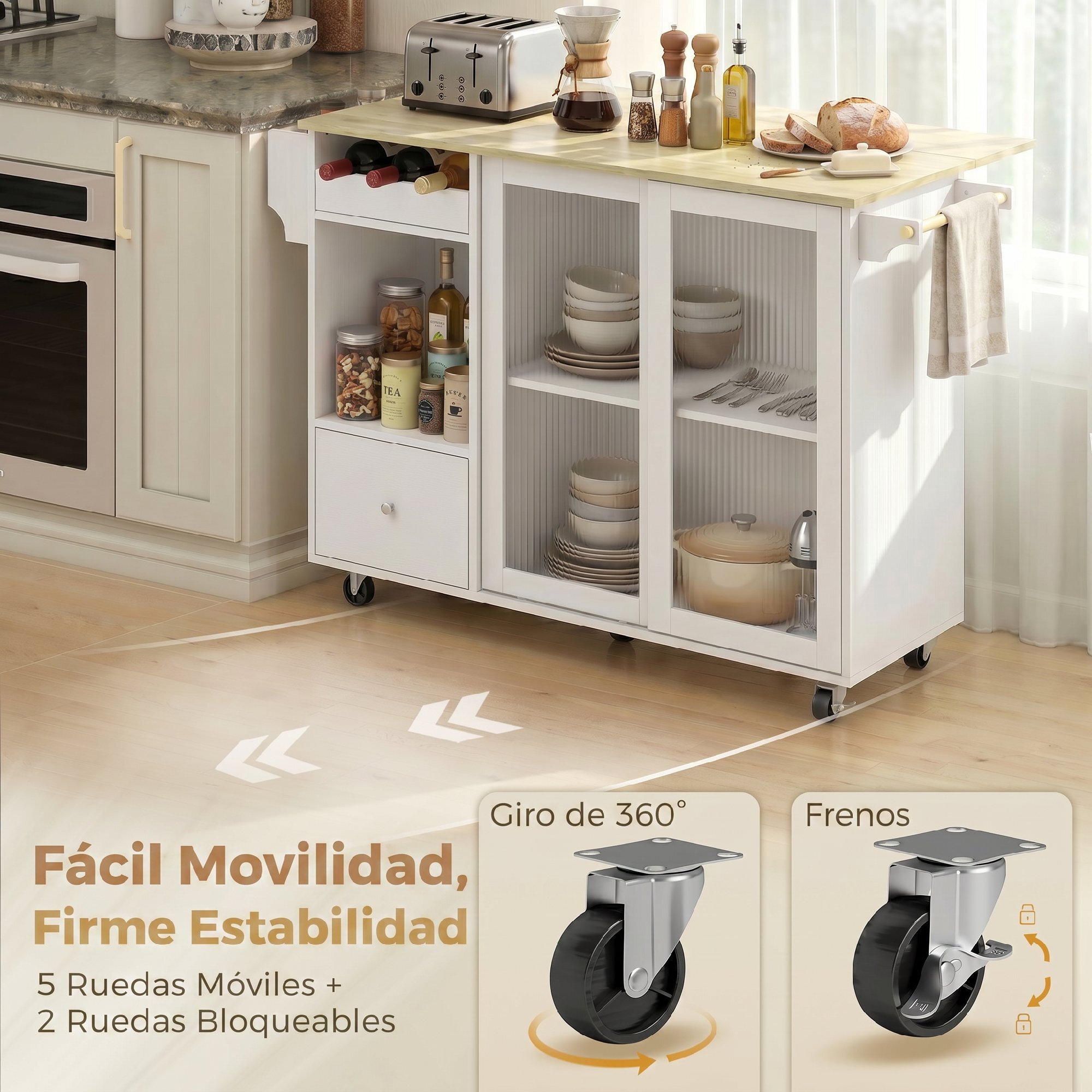 Isla de Cocina con Encimera Abatible, Carrito de Cocina con Puertas Correderas de Vidrio, Botellero, Ruedas, Cajón, Especiero y Estante Ajustable, Blanco y Roble