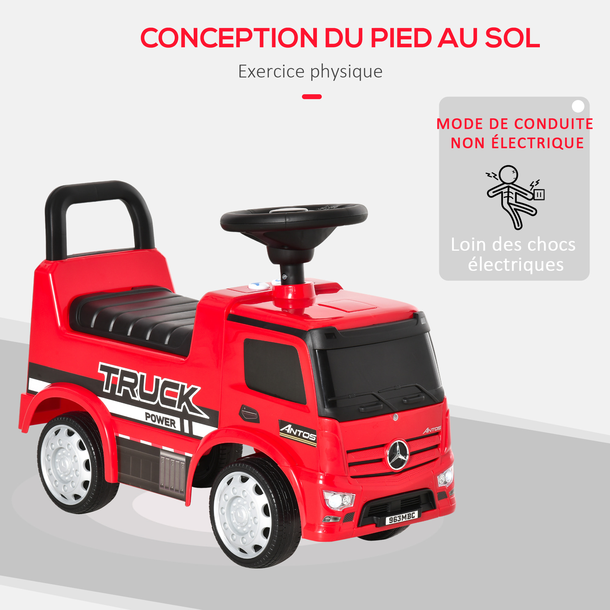 Voiture porteur enfant camion licence Mercedes-Benz Antos 12-36 mois coffre effets lumineux sonores rouge