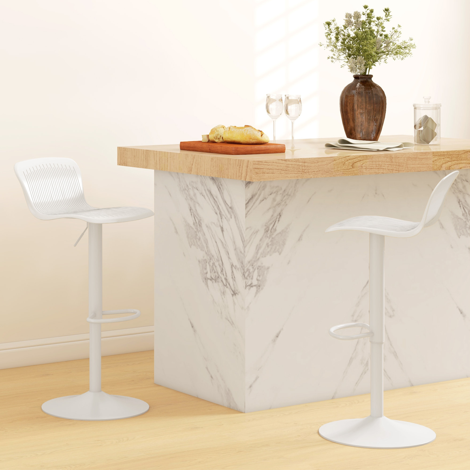 Conjunto de 2 Taburetes Altos de Cocina Sillas Altas de Cocina Giratorias con Respaldo y Altura Ajustable Carga 120 kg para Bar Salón Comedor Blanco