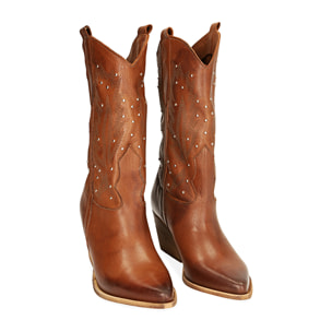 Stivali texani cognac in pelle, tacco 7 cm