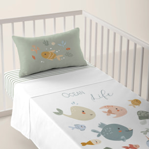 Cool Kids - Juego de Sábanas Estampadas - Infantil - Incluye 1 Funda de Almohada + 1 Sábana Bajera - 100% Algodón - Cuna/Maxicuna - Ocean Life