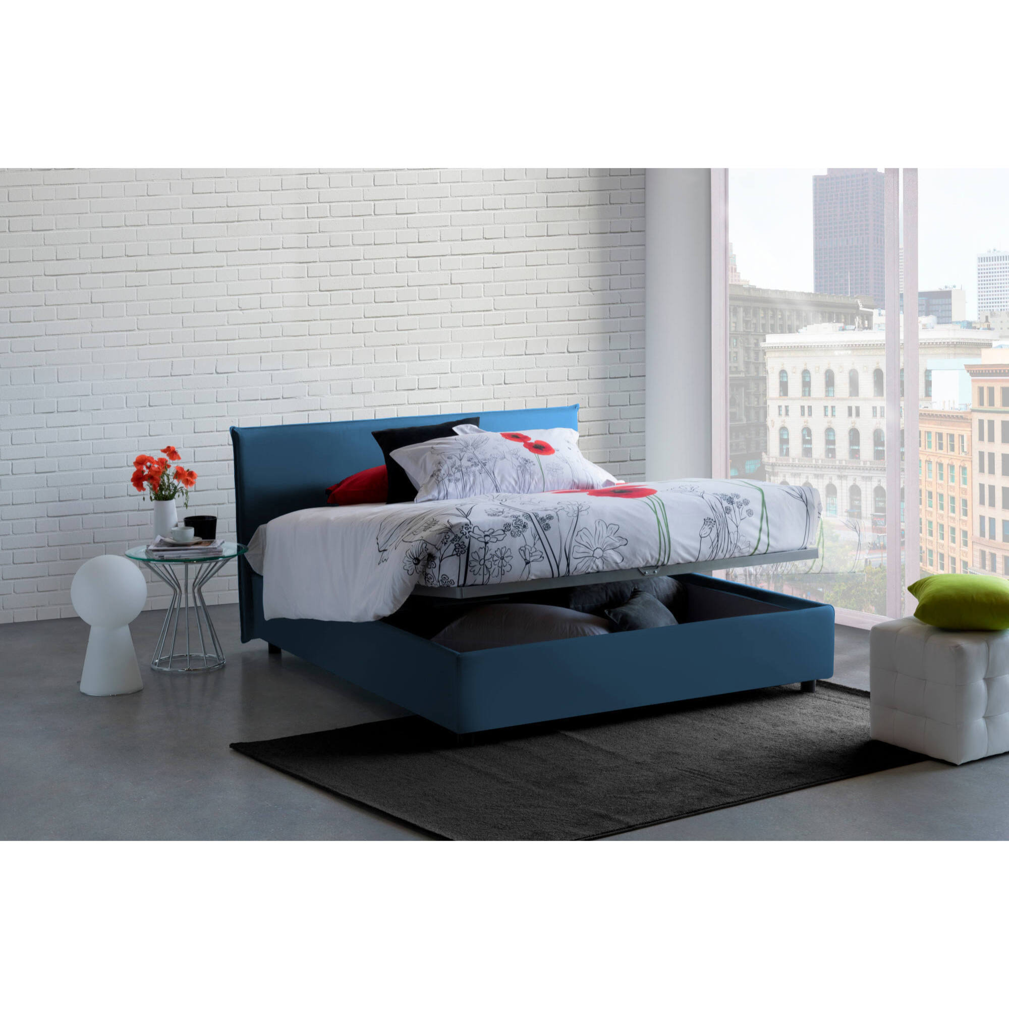 Letto matrimoniale Betty, Letto contenitore con rivestimento in tessuto, 100% Made in Italy, Apertura frontale, adatto per materasso Cm 160x190, Blu