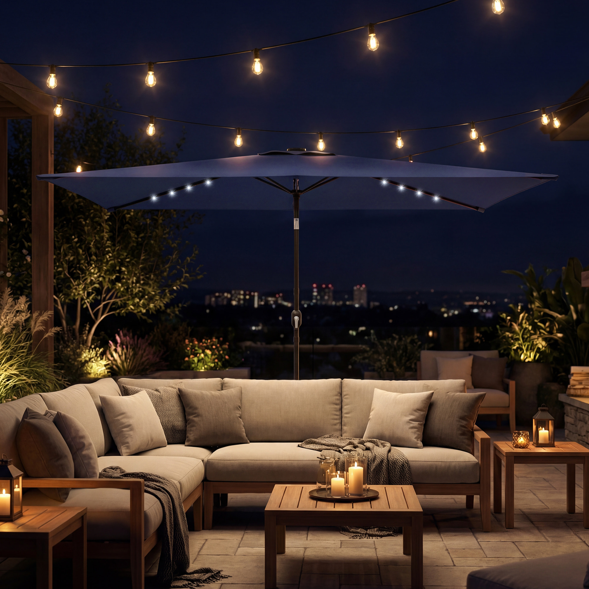 Sombrilla Terraza Exterior, 2,9x2,5 m, Sombrilla de Jardín con 24 Luces LED Solares, Dosel Inclinable, Poste Metálico, Parasol para Patio, Terraza, Azul Oscuro