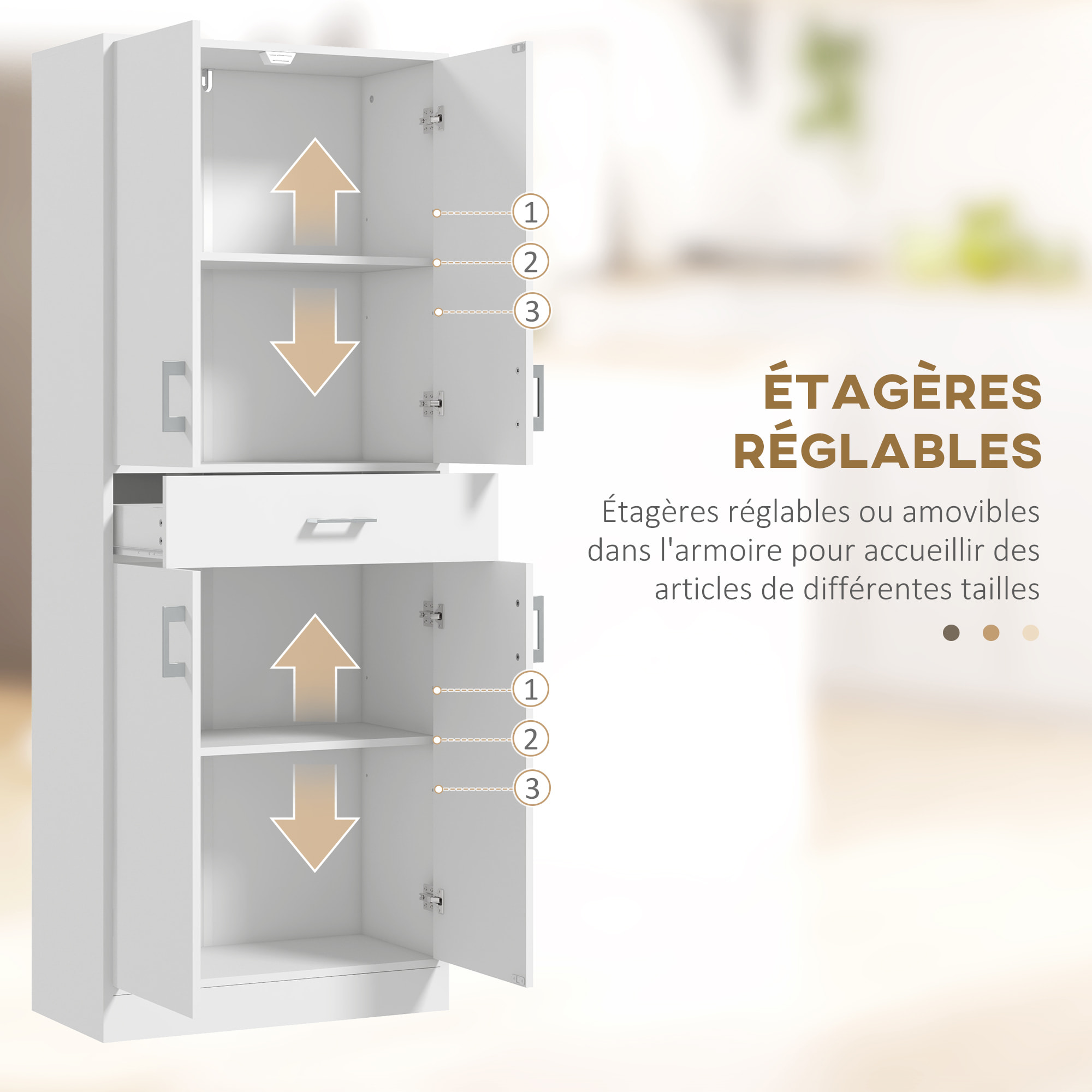 Buffet haut de cuisine style contemporain - 4 portes, 2 étagères réglables, tiroir coulissant - blanc mat