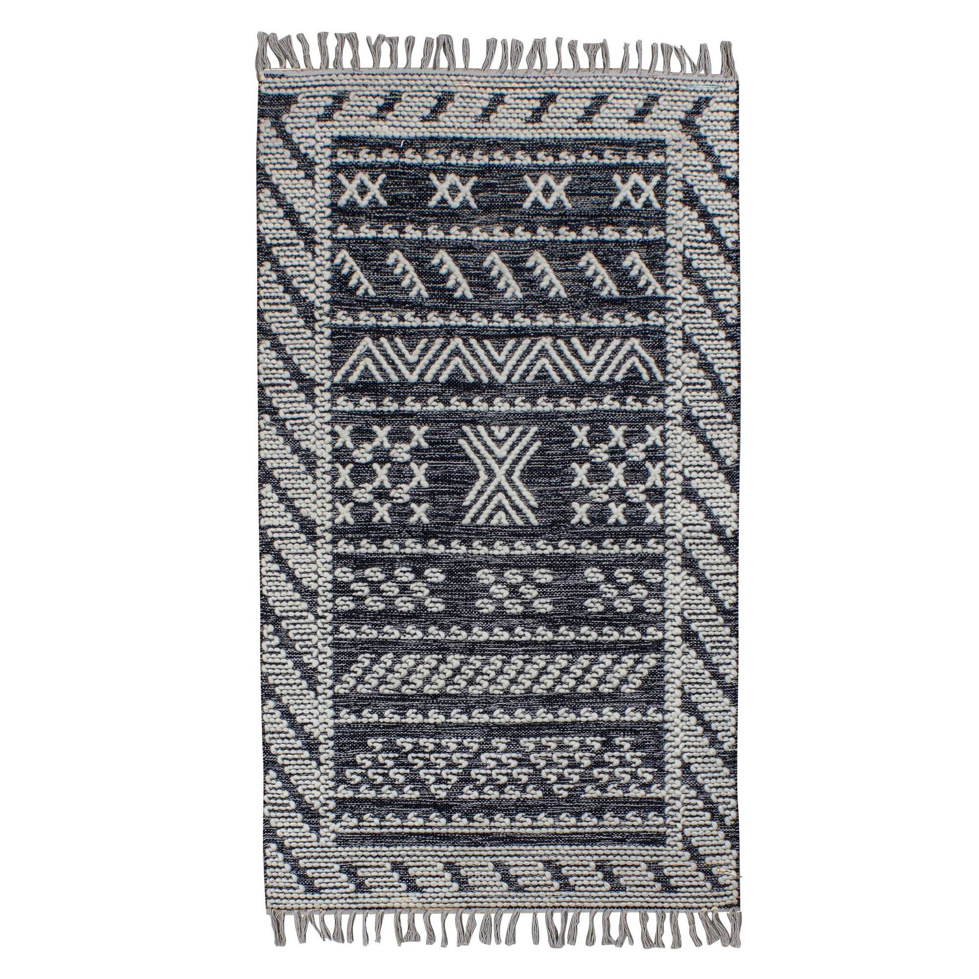 TAPIS EN LAINE ET COTON NOIR  ET  GRIS TISSE A LA  MAIN 90X150CM TOKAT