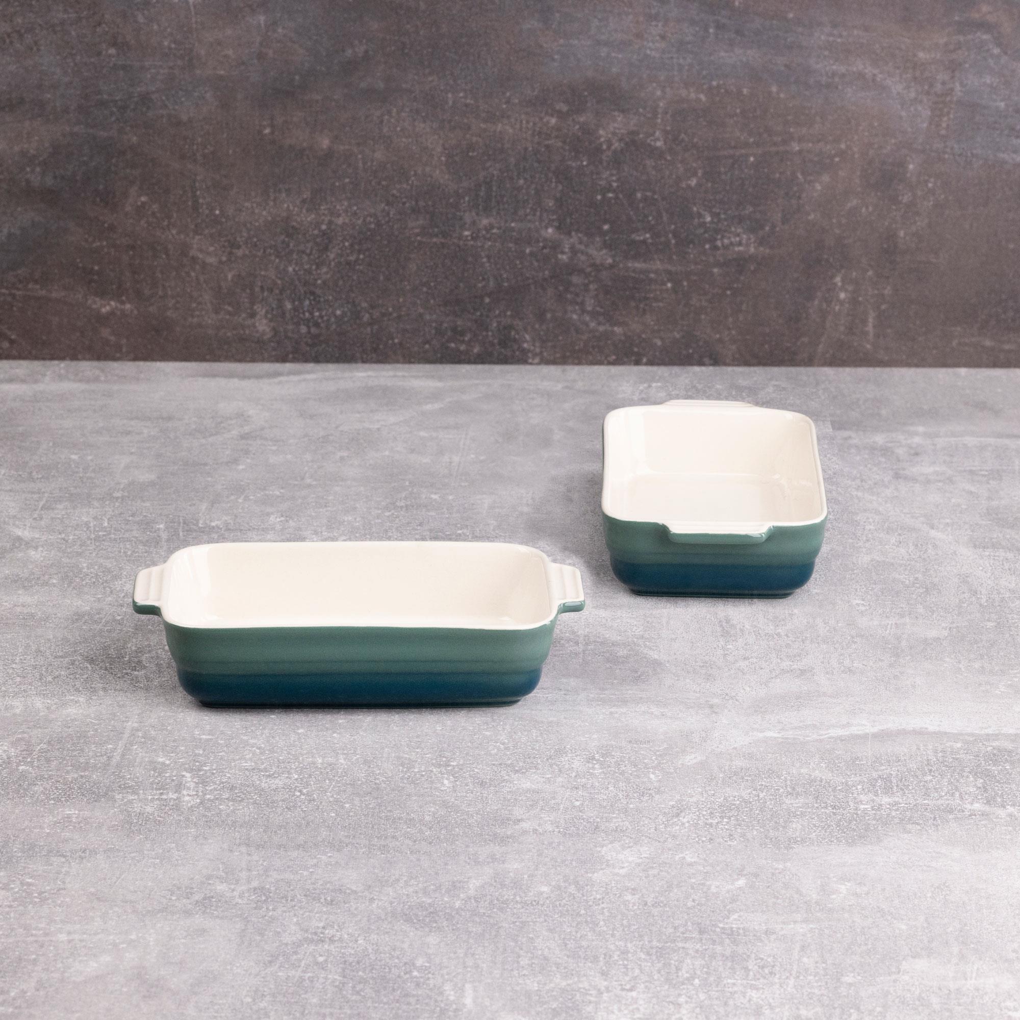 Juego de 2 Utensilios de cocina - Cuchara y espátula de silicona + 2 Fuentes de horno rectangulares en Gres color verde EXCALIBUR Bergner