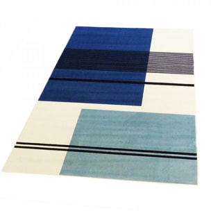 Tapis contemporain Fehu motif seventies géométrique bleu beige et noir
