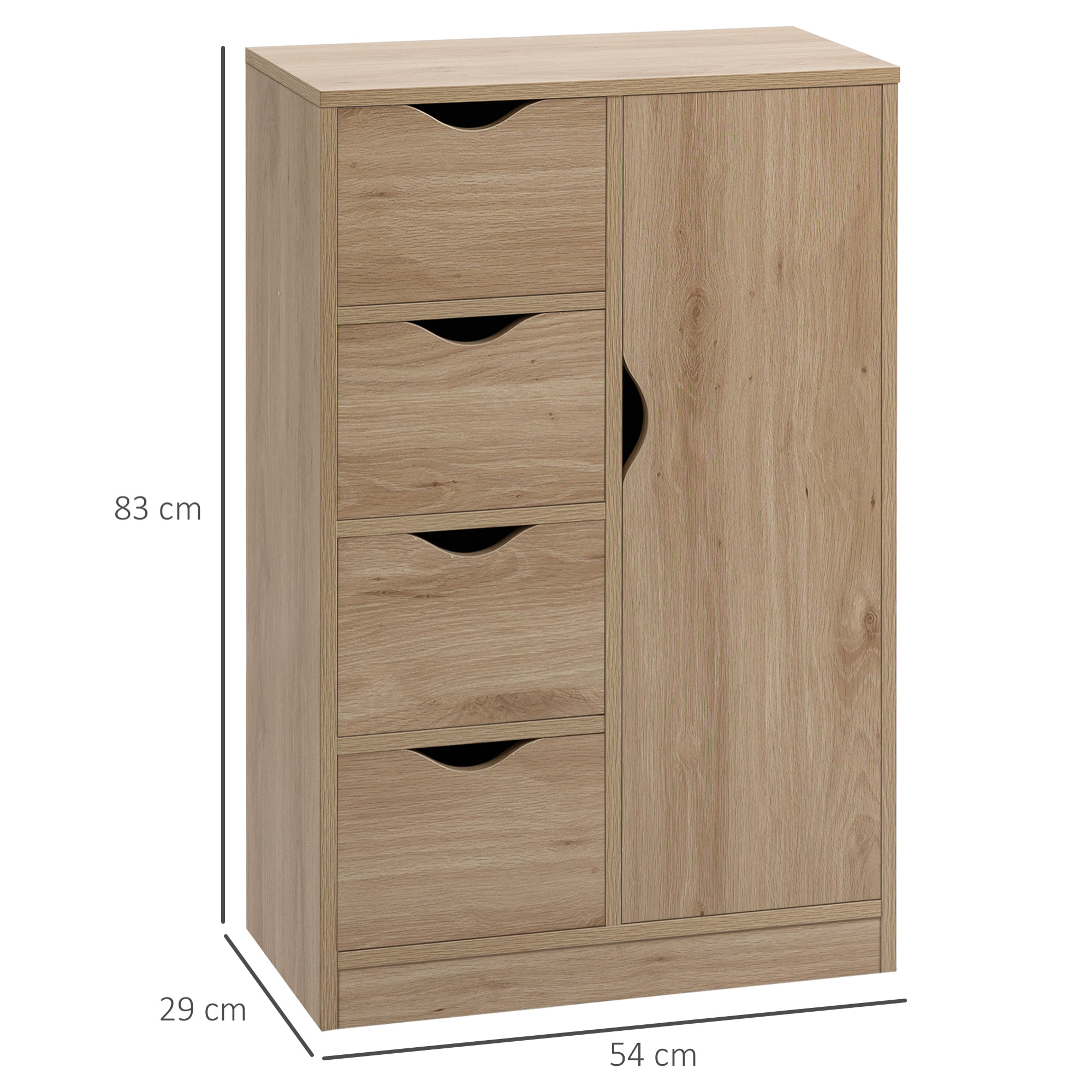 HOMCOM Armario de Salón Aparador Auxiliar con 4 Cajones 1 Puerta y Estante Interior Mueble de Almacenaje Multiusos para Baño Dormitorio Comedor 54x29x83 cm Roble