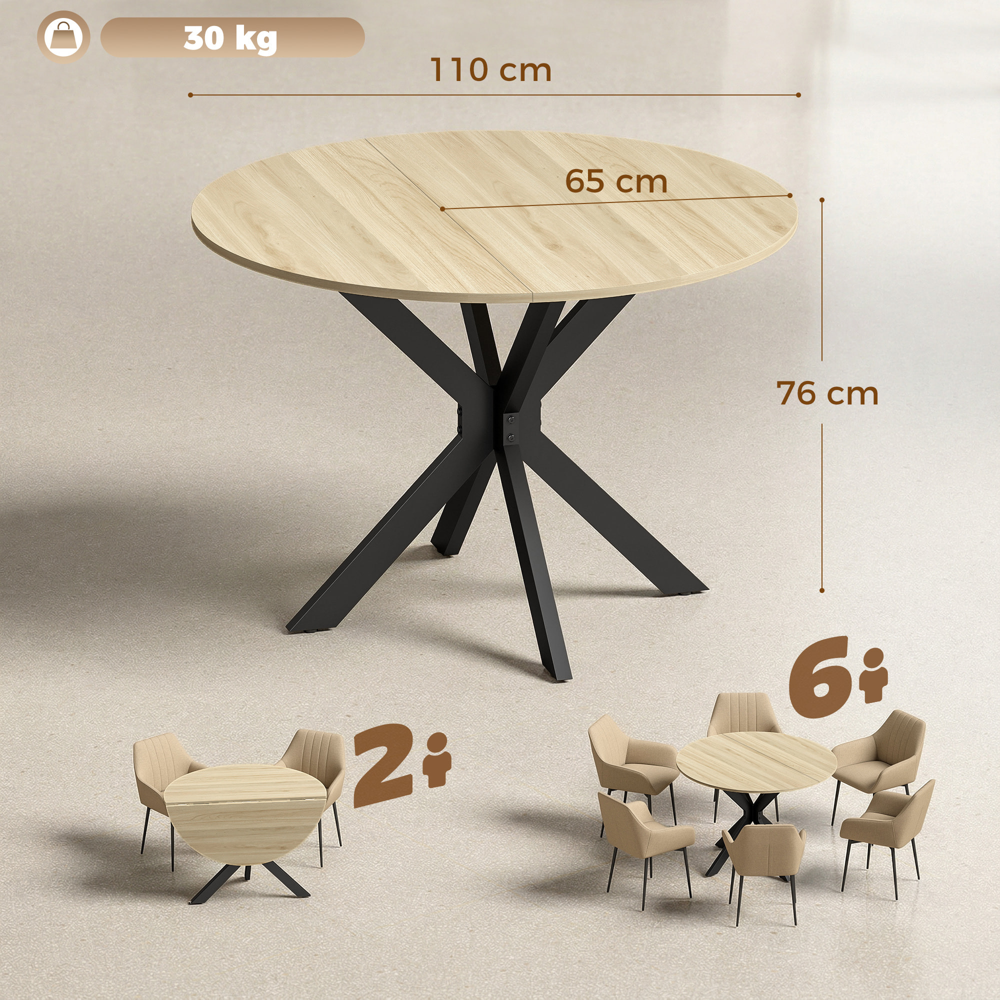 Mesa Plegable de Comedor, Mesa de Cocina Plegable Redonda, para 2-6 Personas, con Ala Abatible, Marco de Acero Doble X, para Salón, Espacio Pequeño, Ø110x76 cm, Natural