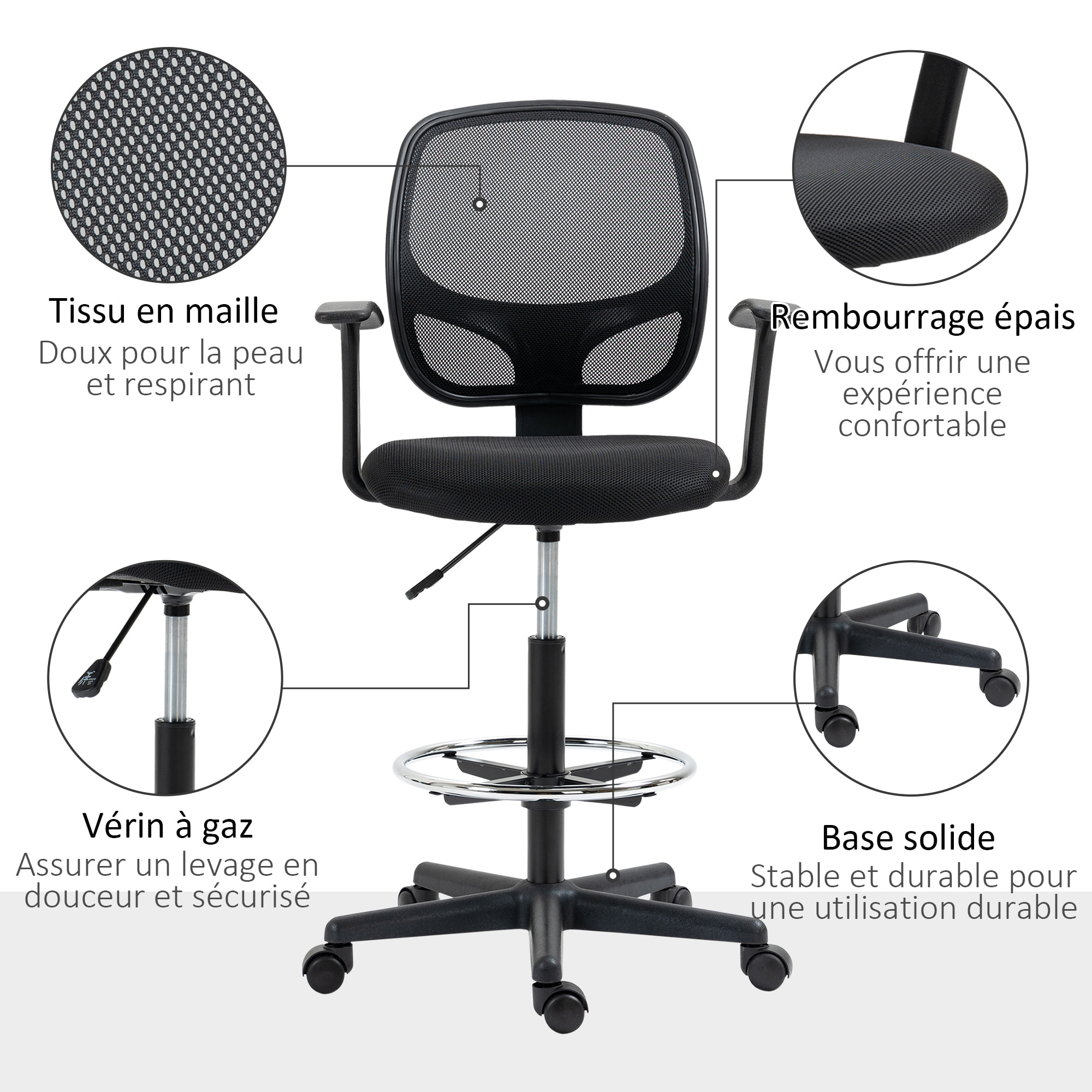 Chaise bureau ergonomique assise haute réglable 110-132cm pivotant 360° maille respirante noir