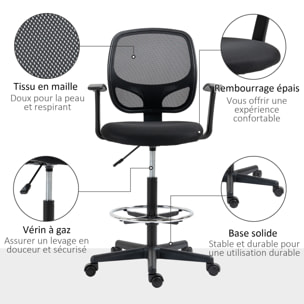 Chaise bureau ergonomique assise haute réglable 110-132cm pivotant 360° maille respirante noir