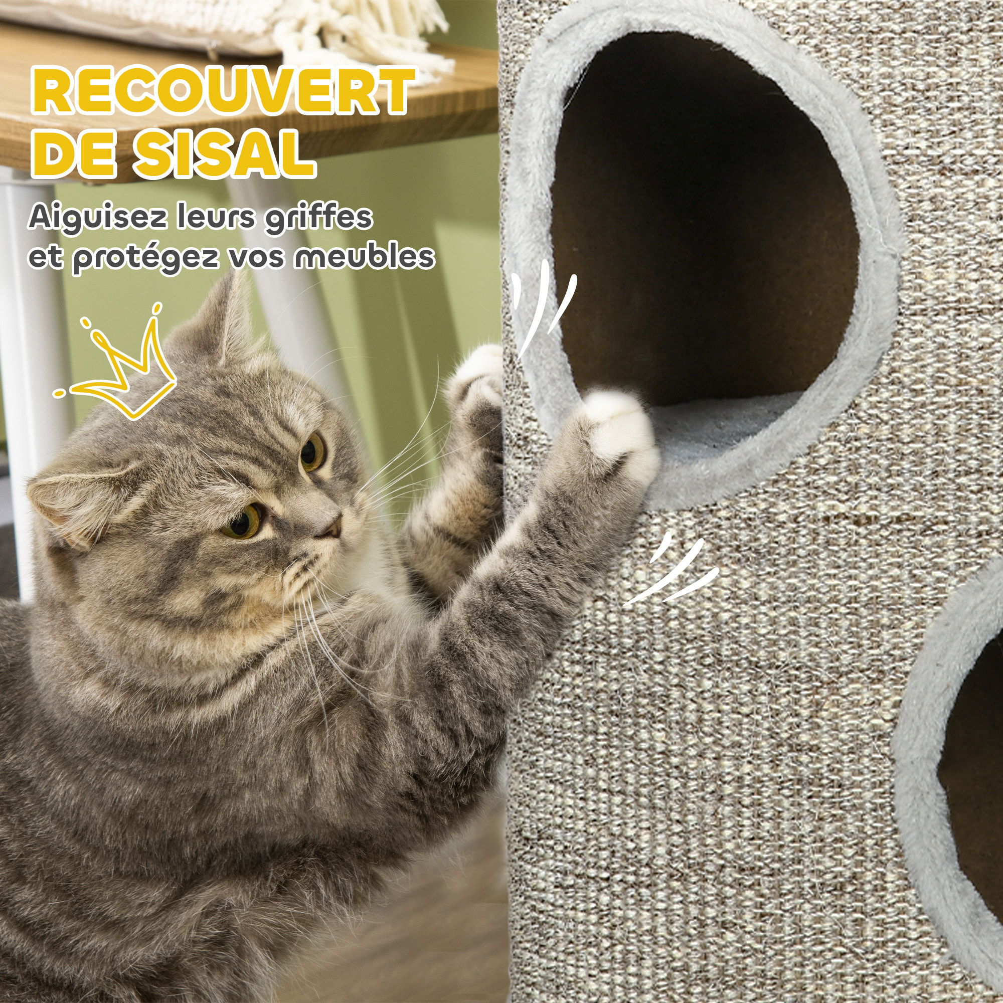 Arbre à chat cylindrique - tour à griffer pour chat - tonneau griffoir - 3 niveaux + plateforme - sisal peluche gris clair
