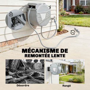 Dévidoir mural enrouleur automatique pivotant 180° tuyau 30 + 2 m avec lance arrosage 2 modes support mural intégré gris clair