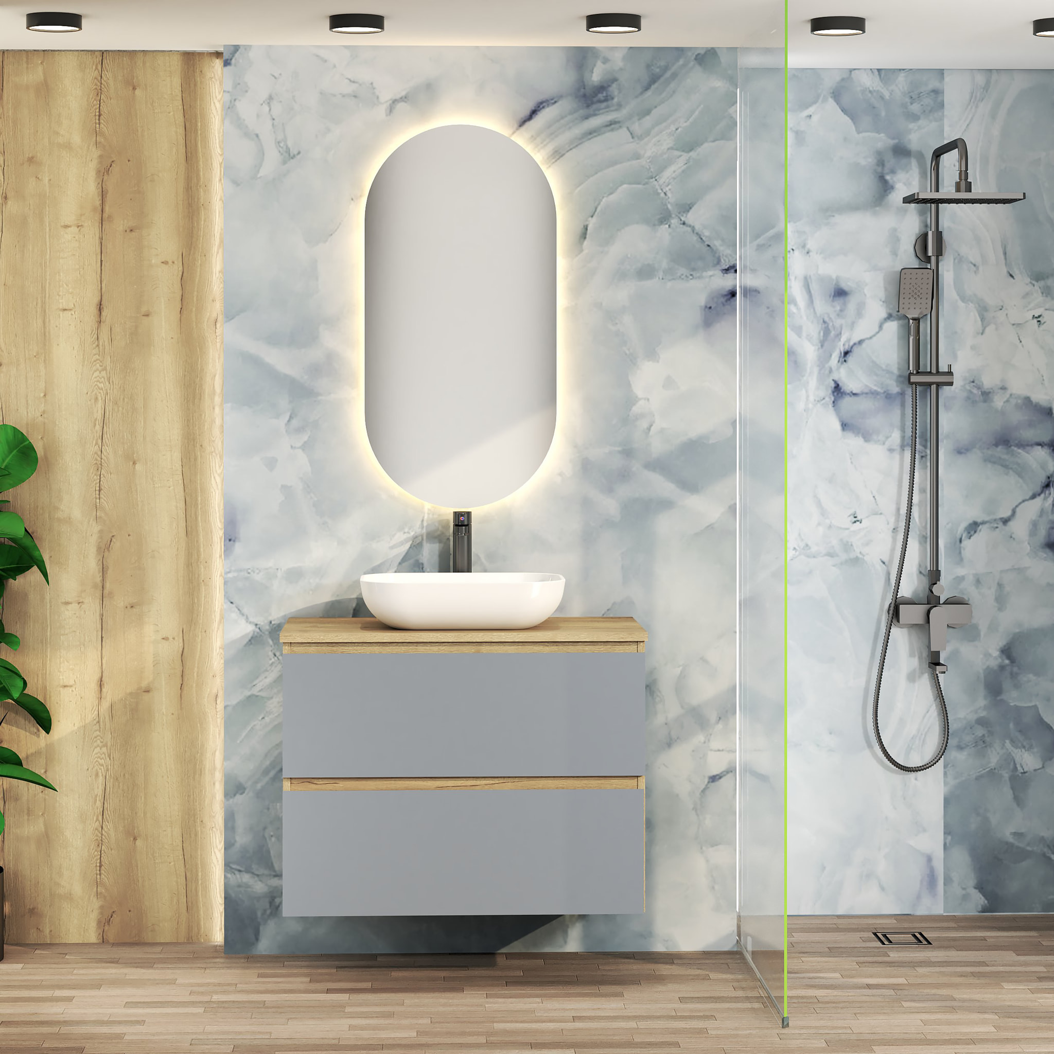 CONJUNTO DE BAÑO NIA | MUEBLE SUSPENDIDO | 80 CM AZUL | DOS CAJONES | LAVABO SOBREPUESTO | NO INCLUYE ESPEJO | MUEBLE MONTADO| ALDAY