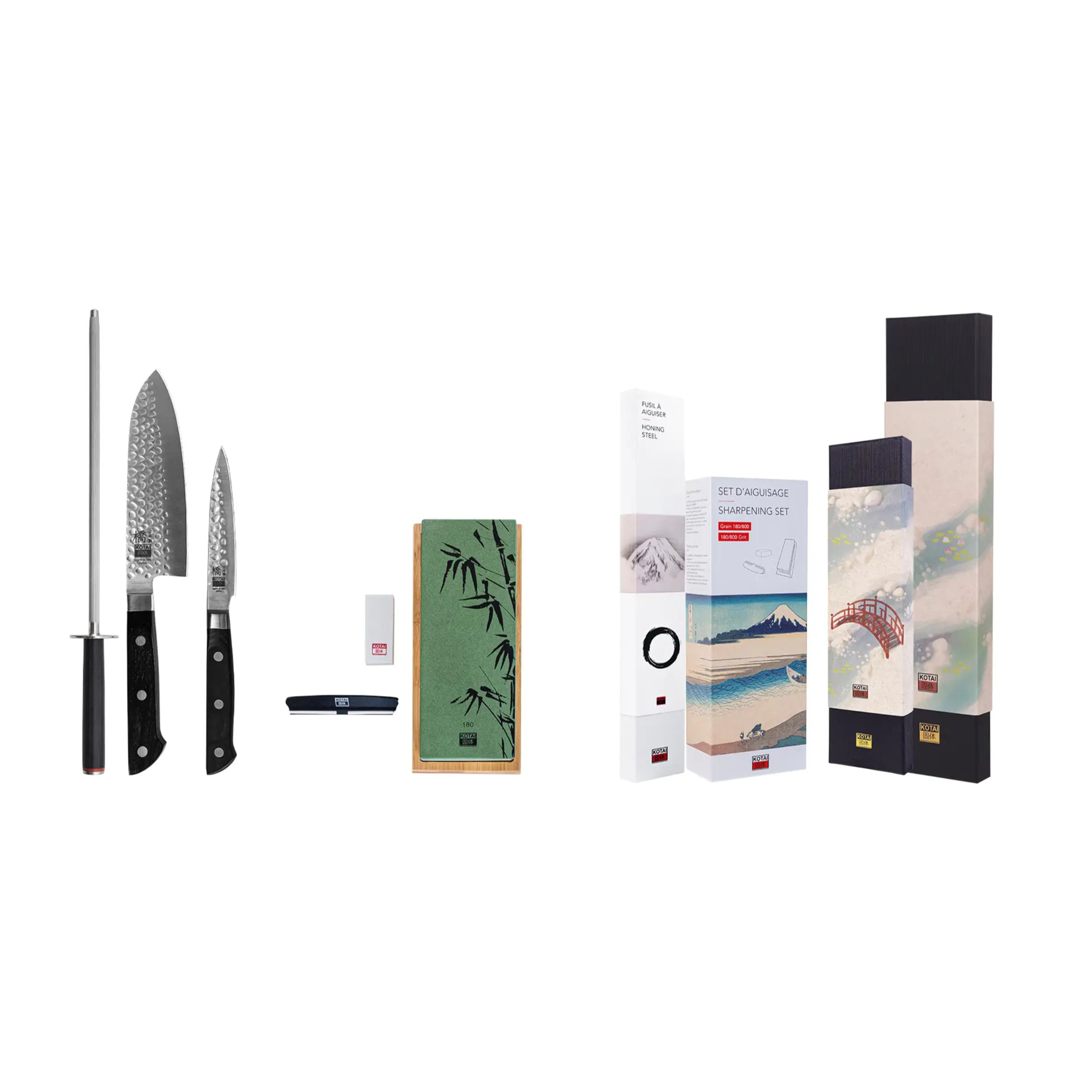 Set Hashi Tsuchime de Base Deluxe: 2 cuchillos (de pelar + santoku) + set de afilado de grano 180/800 + afiladora