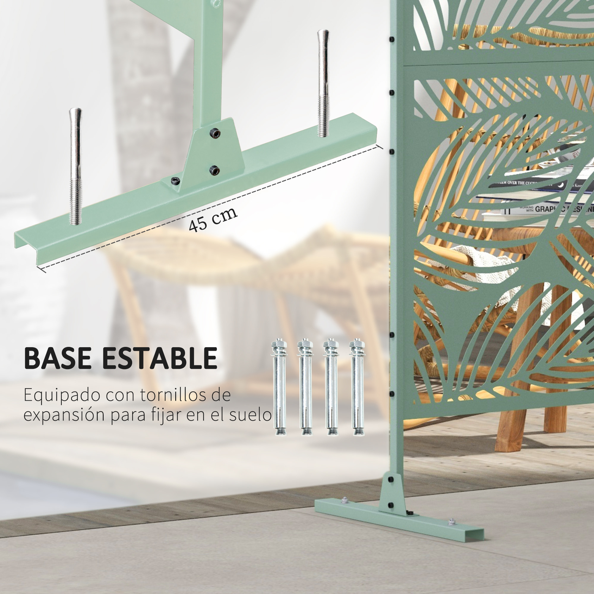 Biombo de Exterior Separador de Ambientes con 3 Piezas Patrón de Hoja Grande y Marco de Acero Pantalla de Privacidad para Patio Terraza Jardín 122x45x198 cm Verde